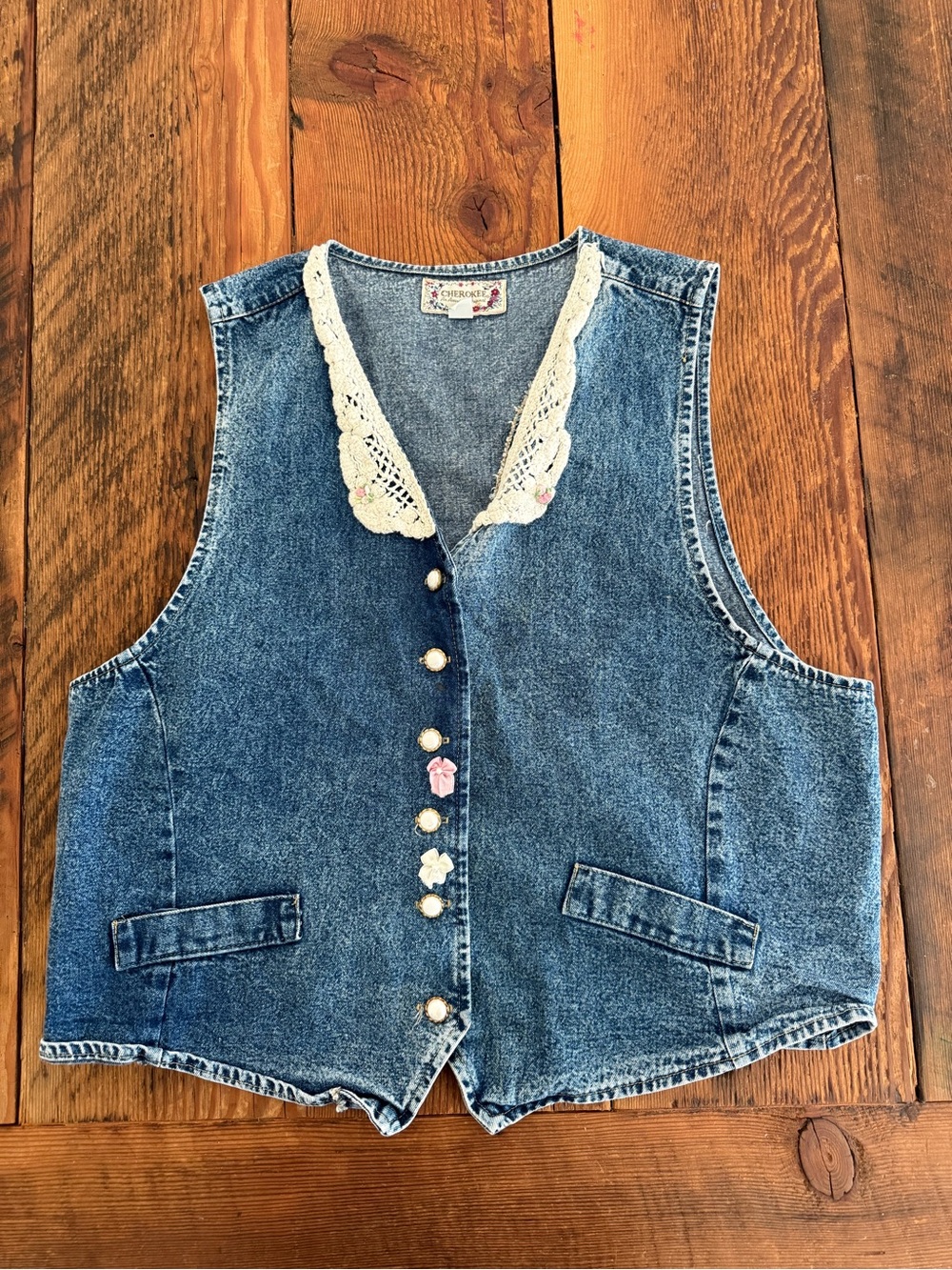 Vintage Cherokee Denim Button-Front Vest with Lace Trim